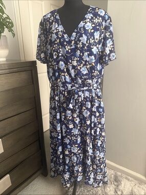 Navy Floral Wrap Midi Dress with Waist Tie